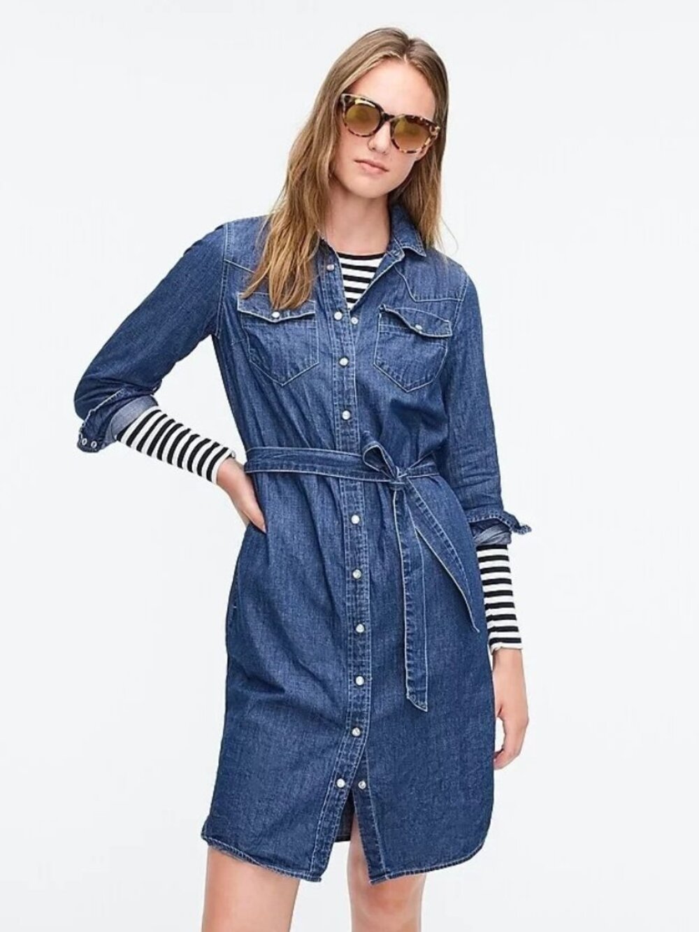 NWT J.Crew Long Sleeve Denim Shirtdress in Blue Tie Waist Snap Front Dress 6
